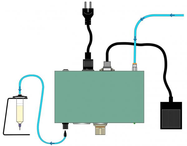 Das Bild zeigt eine technische Baugruppe. In der Mitte ist ein rechteckiges Gerät, umgeben von verschiedenen Kabeln, die zu einem Netzstecker, einem Behälter und einem Kühler führen.