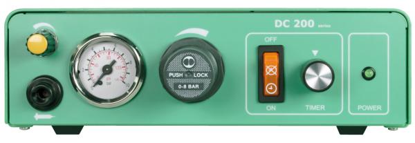 The image shows a green device with two rotary and three push buttons. A pressure gauge displays the pressure. On the right side, there are buttons for timer and power.