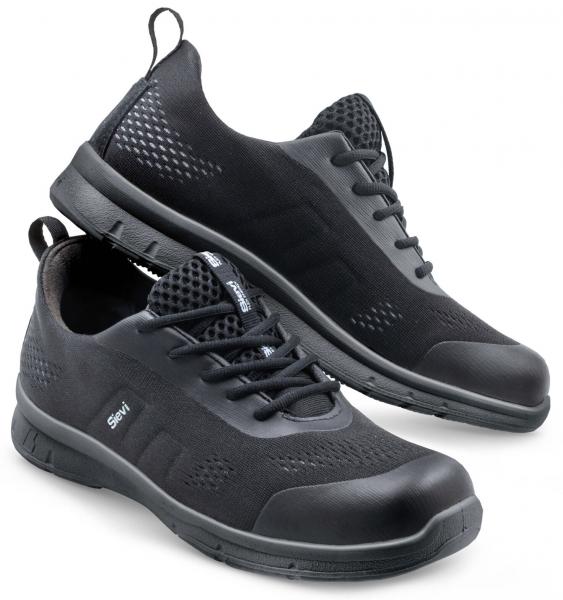 In the picture, there are two black sports shoes. They have a breathable surface, a non-slip sole, and laces. The design is modern and simple.