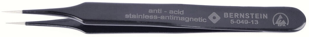 The image shows a sharp, black tweezer made of stainless, anti-magnetic steel. It has two evenly shaped ends with slightly curved tips.