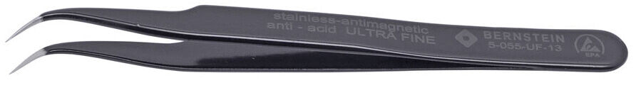 The image shows a sharp, black tweezer made of stainless steel. It features a thin and curved handle suitable for precise work. The surface is matte and smooth.