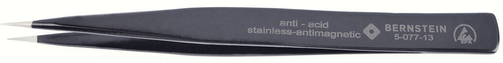 The image shows a black-colored tweezer with narrow, pointed tips. It has a smooth surface and a marked manufacturer's label on the side.