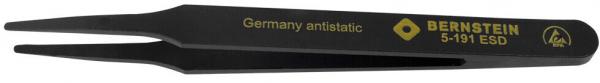 The image shows a long, black tweezer made of antistatic material. It has narrow, pointed tips and is printed with yellow text and a symbol.