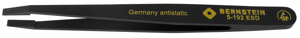 The image shows a narrow, black tweezer with raised tips. On the tweezer, it reads "Germany antistatic" and "BERNSTEIN 5-192 ESD" in yellow font.