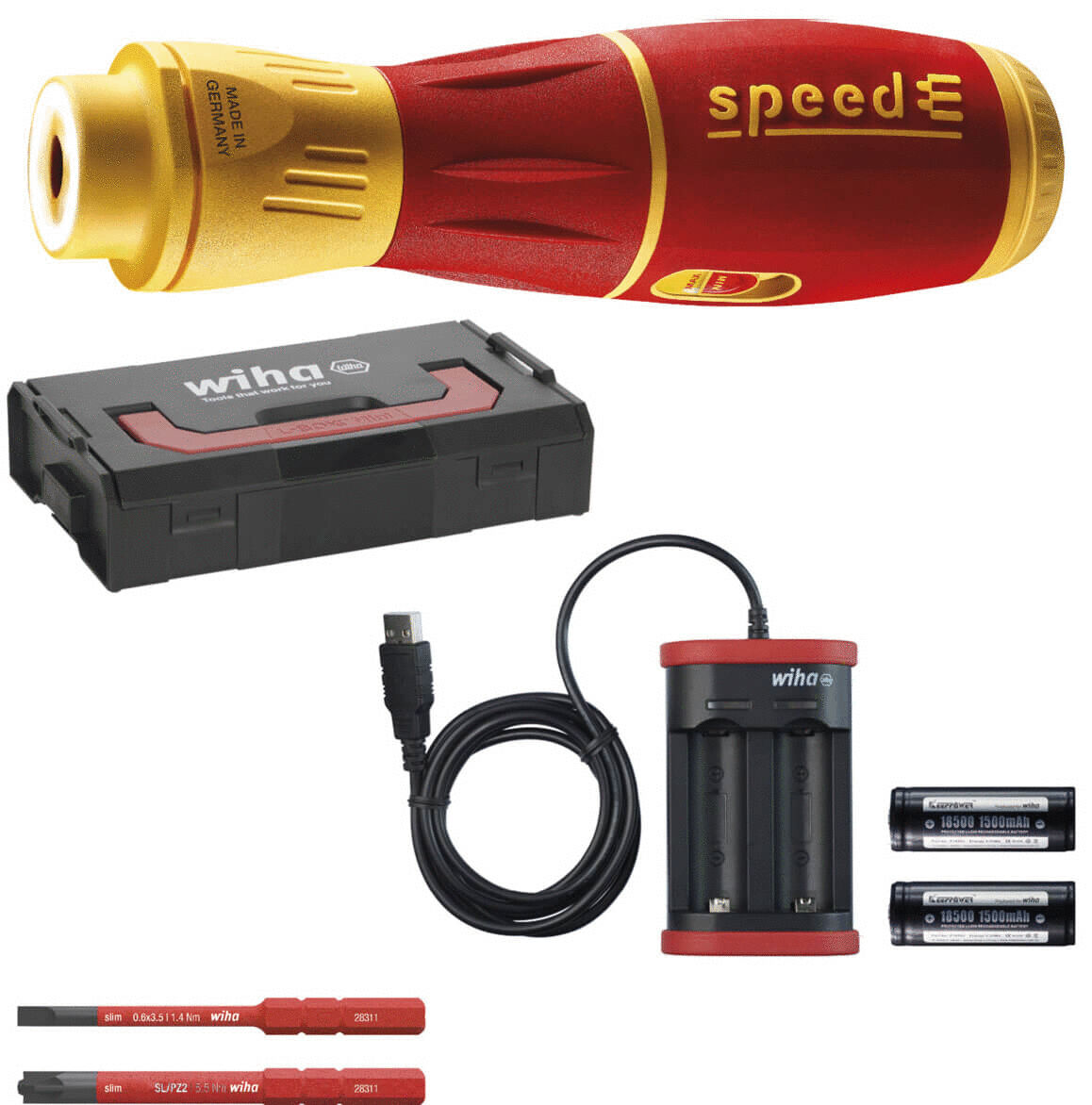 The image shows a toolset with a red screwdriver, a black storage case, a charger with a USB cable, and two batteries.