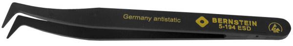 The image shows a black antistatic tweezer. It has two long, narrow ends that are slightly curved. On the handle are golden letterings and a small drawing.