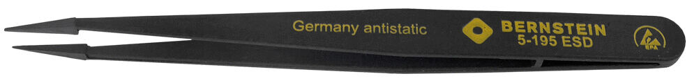 The image displays a black tweezer with pointed tips. On the top side, it reads "Germany antistatic" and "BERNSTEIN 5-195 ESD" in yellow font.