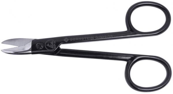 This is a black pair of scissors with oval handles and sharp blades, which are slightly curved at one end. The blades are designed for precise cuts.