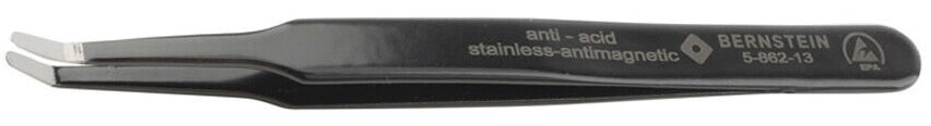 The image shows a black, slender tweezer with flattened, asymmetrical tips. It is made of stainless steel and has a matte finish. There are inscriptions on the side.