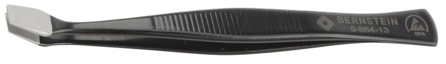 The image shows a black tweezer with a flat, wide tip and a ridged handle. It is slim and slightly curved, which makes handling easier.