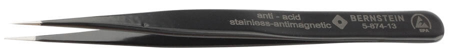 The image shows a black, slender tweezer with pointed tips. Information about the material and features is engraved on the side. It appears precise and professional.