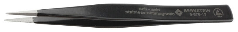 The image shows a black tweezer with long, pointed ends. It has a matte finish and is made of stainless steel. Information about the material is embossed on the side.