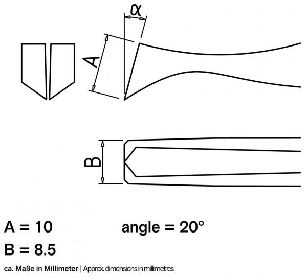 Das Bild zeigt technische Zeichnungen einer Form mit zwei Maßen: A (10 mm) und B (8,5 mm). Es gibt einen Winkel von 20°. Die Formen sind schematisch dargestellt.