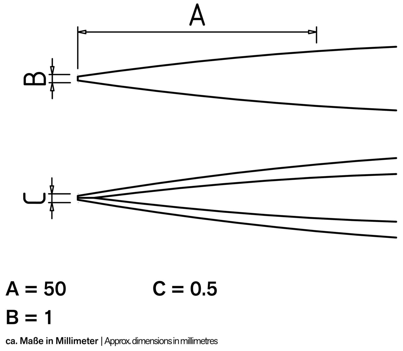 The image displays a technical drawing with lines and dimensions. At the top are two parallel lines labeled "A" and "B". Below, the lines taper and indicate "C". Next to it are measurements in millimeters.