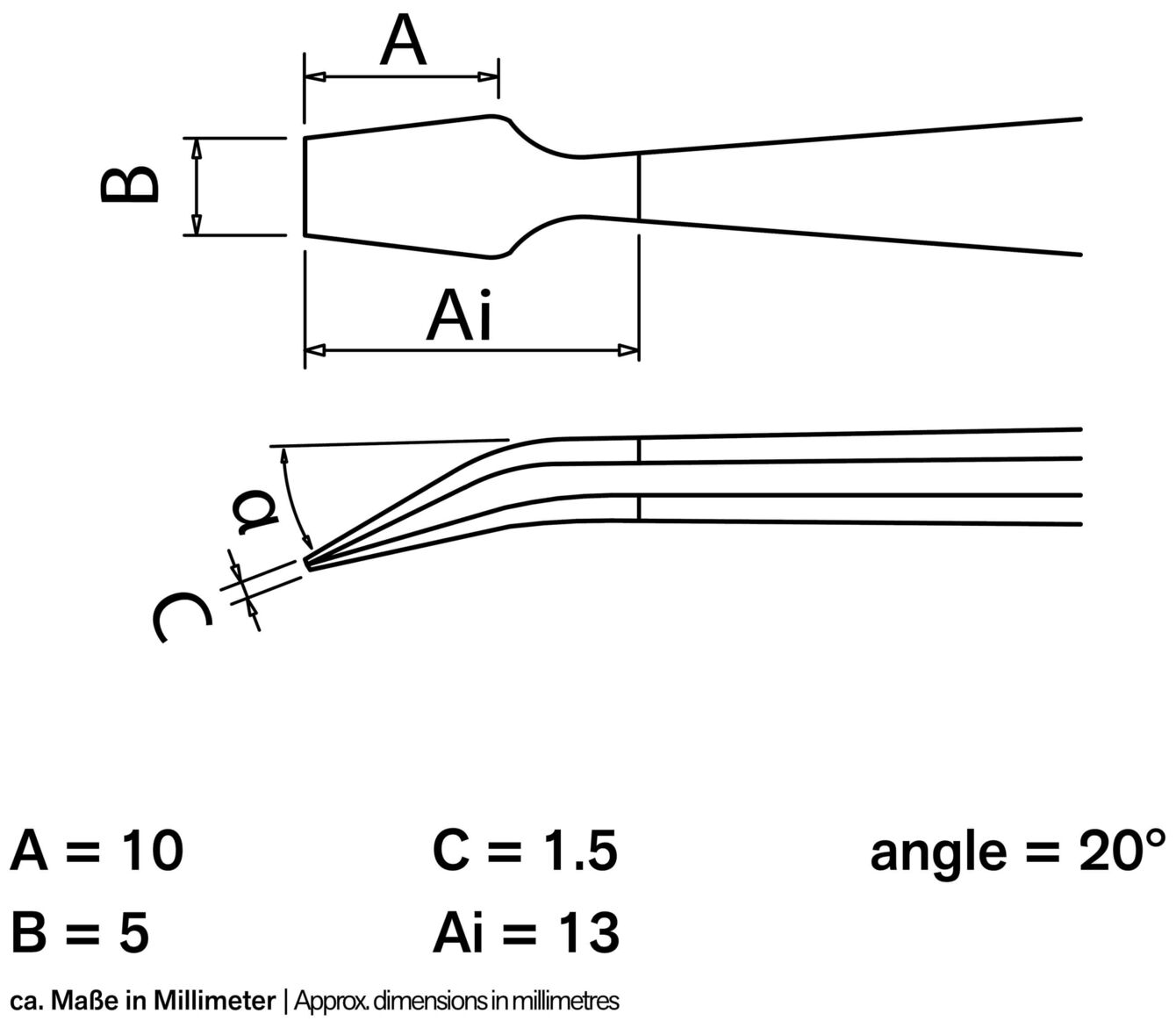 The image displays technical drawings with dimensions for an object. It includes two views: a top view and a side view. Dimensions are given in millimeters.