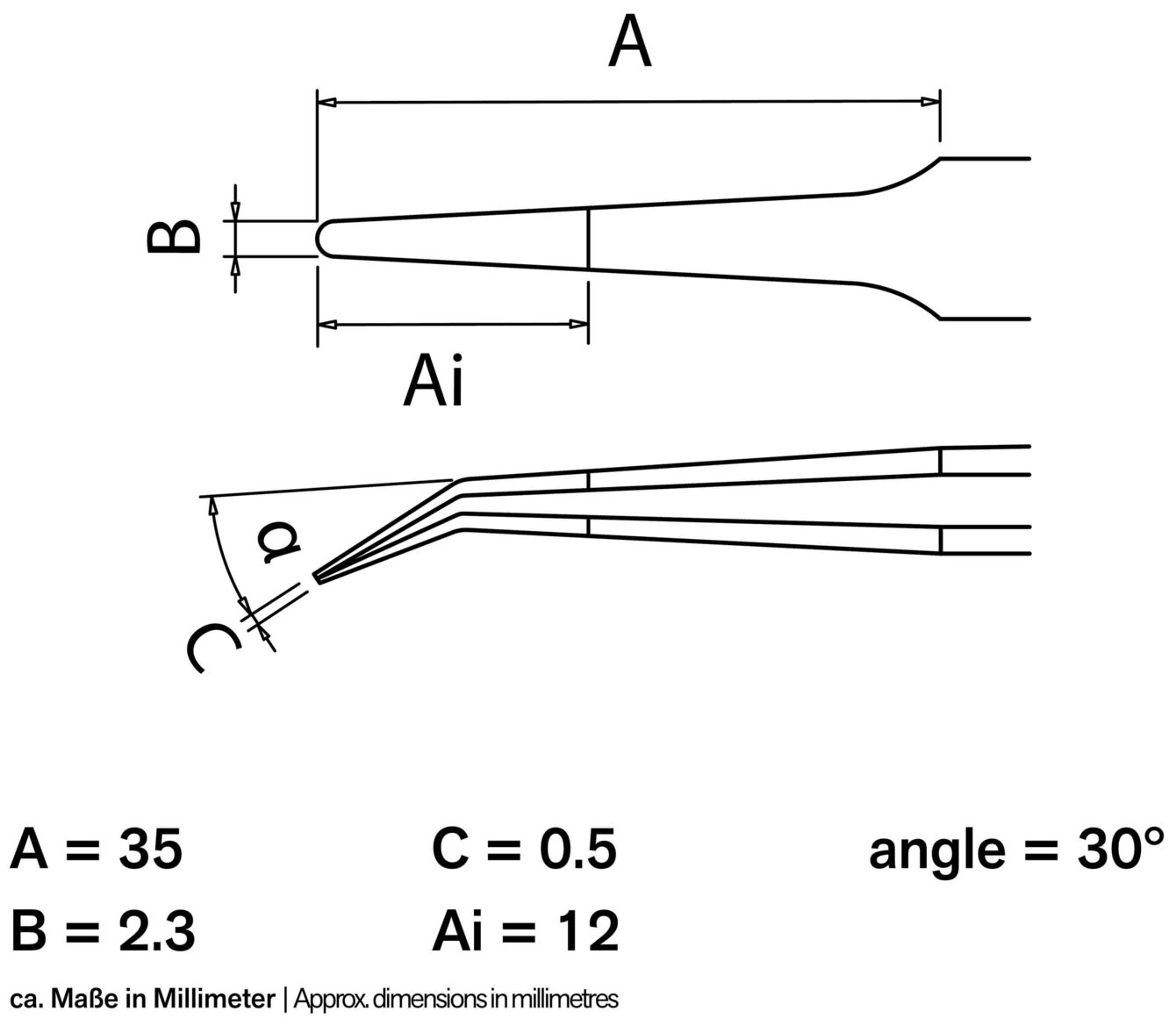 The image displays technical drawings of a tool with various dimensions: A = 35 mm, B = 2.3 mm, and an angle of 30°. Lines and dimensions are clearly depicted.