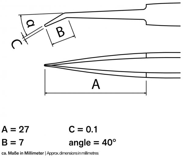 Das Bild zeigt eine technische Zeichnung von einer Zange. Es sind Maße angegeben: A = 27 mm, B = 7 mm, C = 0,1 mm. Ein Winkel von 40° wird ebenfalls dargestellt. Die Illustration vermittelt präzise Dimensionen.