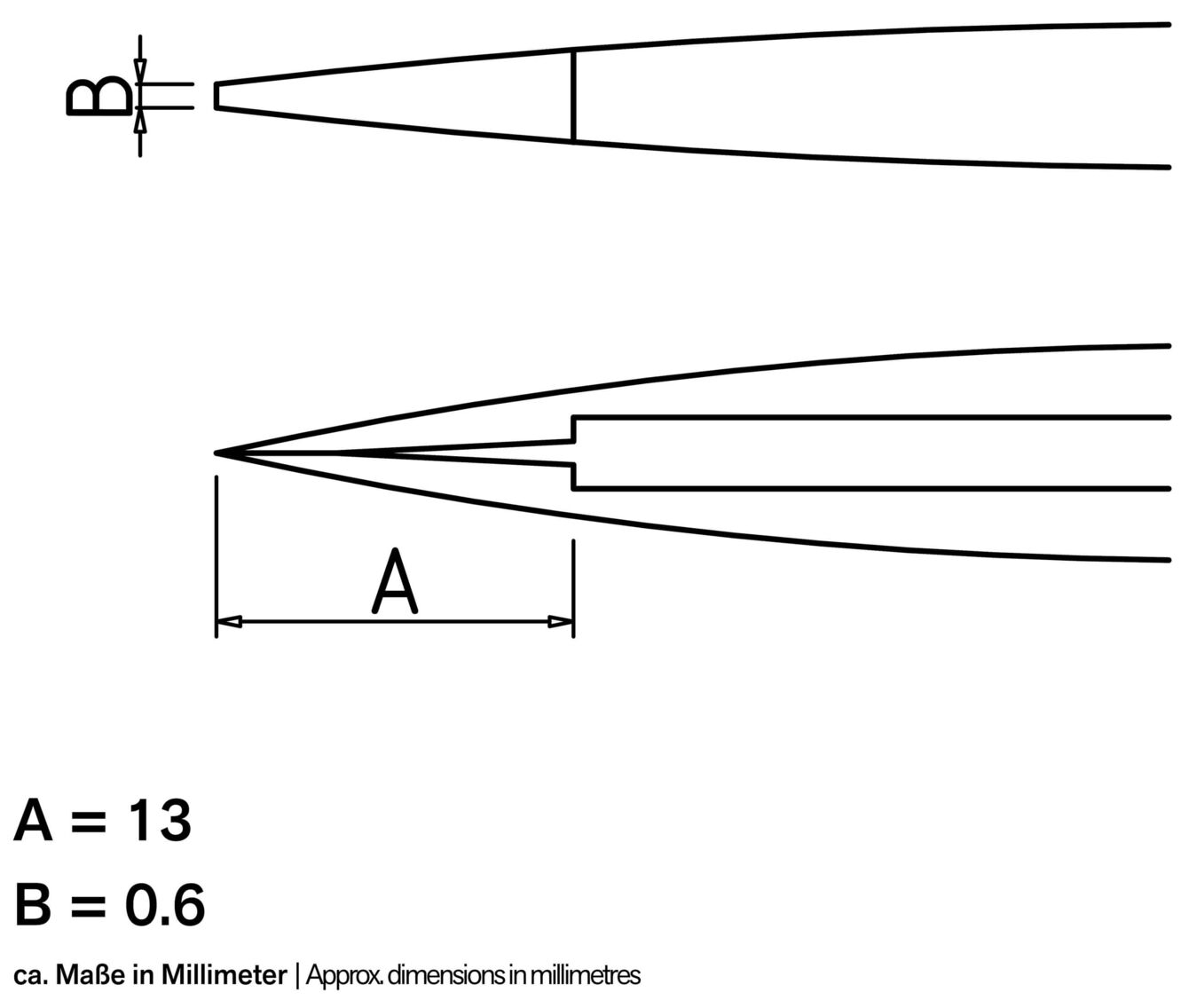 The image displays technical drawings with two different dimensions. At the top is a pointed element with a width of B = 0.6 mm, and at the bottom a view with a length of A = 13 mm.