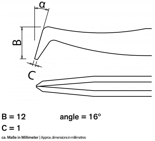 The image displays technical drawings of a tool with dimensions B=12 mm, C=1 mm, and an angle of 16°. Lines and dimensional notations are sketched.