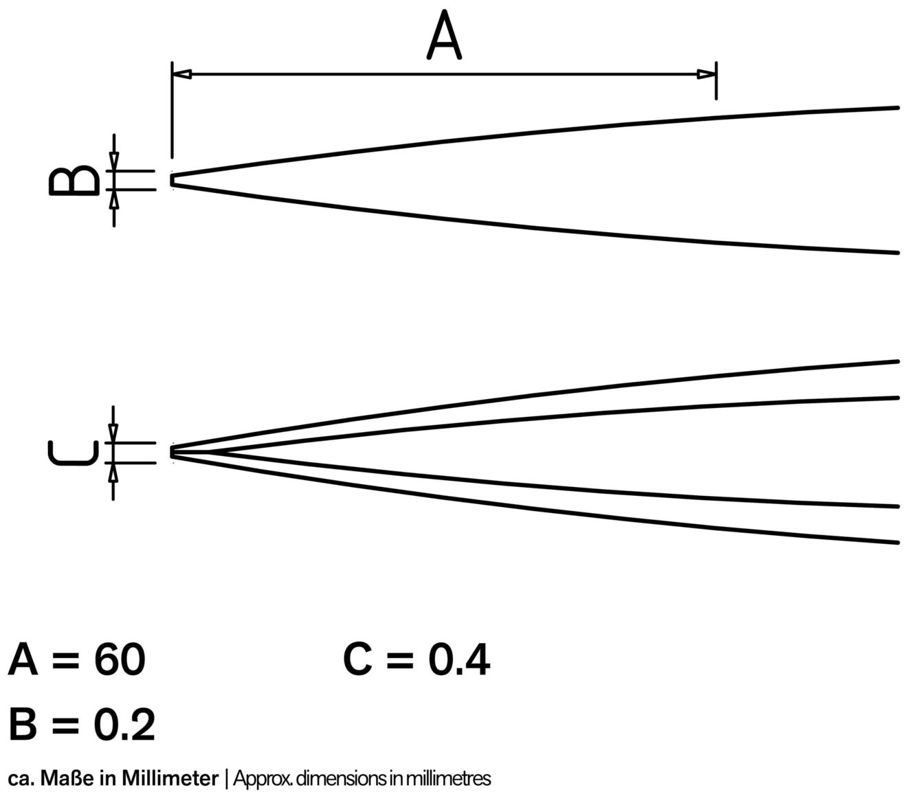 The image shows two schematic representations. The top features two lines converging at a point, with dimensions A (60 mm) and B (0.2 mm). Below, lines appear to diverge with dimension C (0.4 mm).