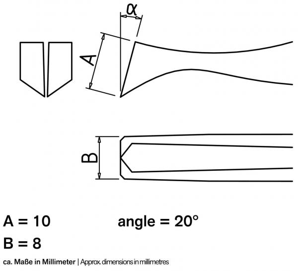 The image displays technical drawings of a tool with two illustrated views. Measurements (A=10 mm, B=8 mm) and an angle of 20° are indicated below.