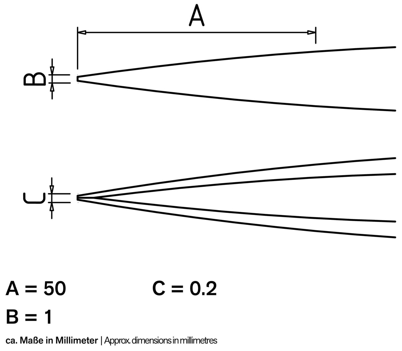 The image displays technical drawings with three dimensions: A (50 mm), B (1 mm), and C (0.2 mm). Parallel lines run along the top and bottom, opening outward.