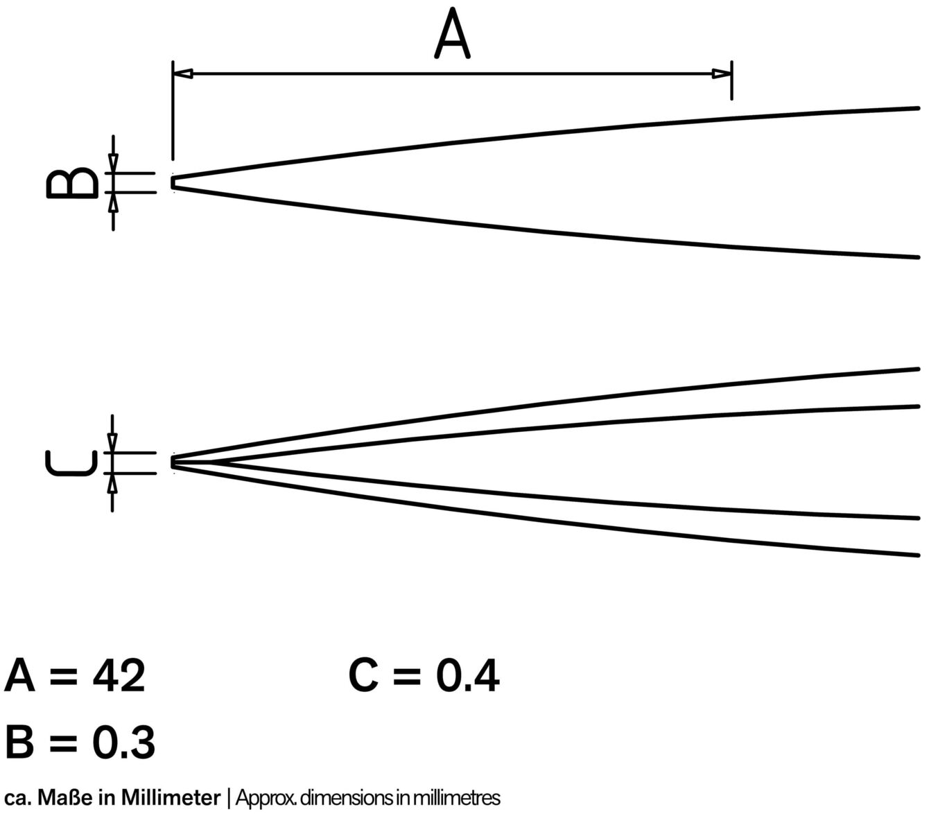 The image displays technical drawings of two objects with lines. At the top, dimensions A and B are indicated, and at the bottom, dimension C. The dimensions are given in millimeters: A=42, B=0.3, C=0.4.