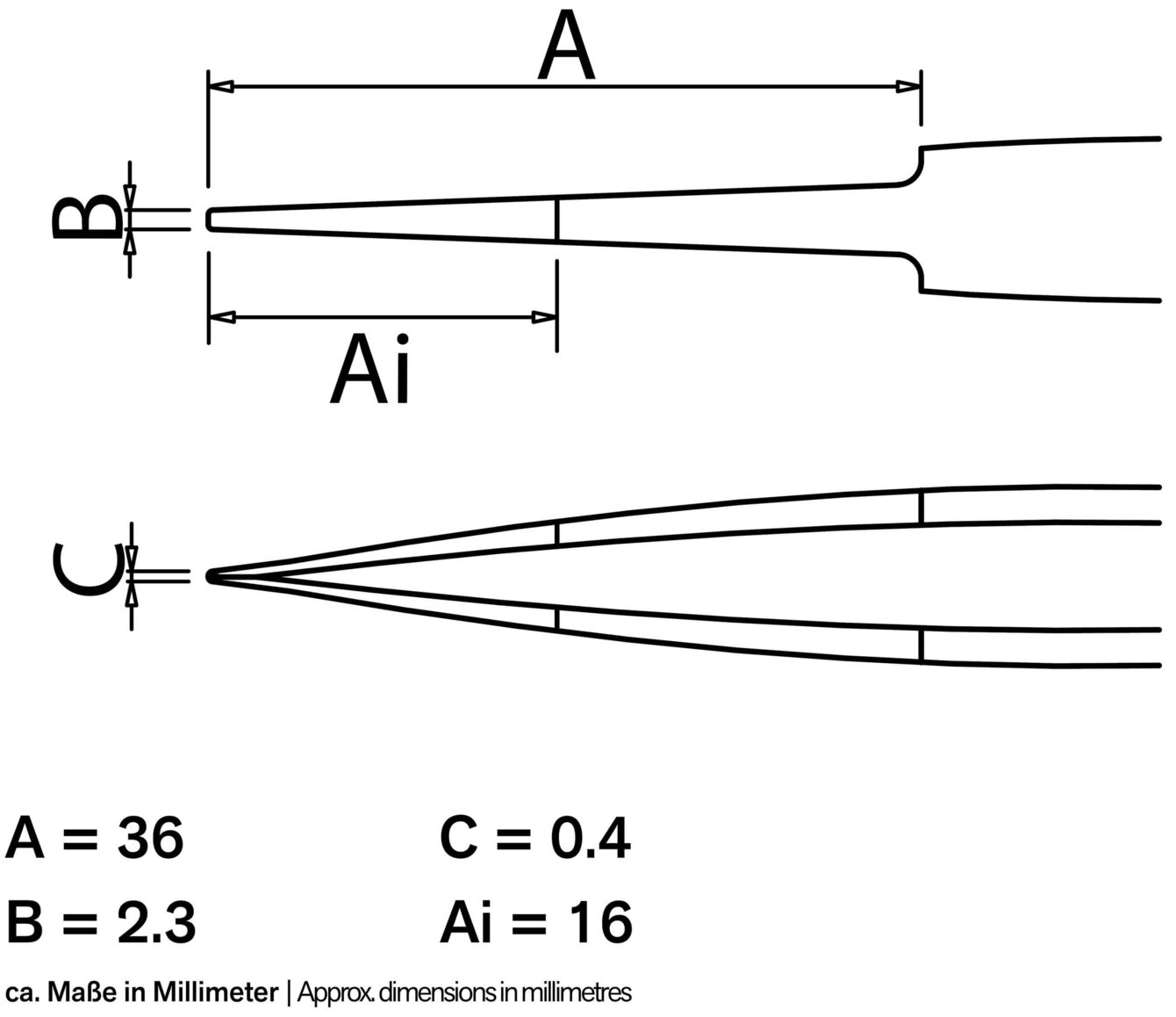 Das Bild zeigt technische Zeichnungen mit Maßen in Millimetern, die verschiedene Teile und Dimensionen darstellen. Es gibt Maßangaben für A, B, C und Ai.