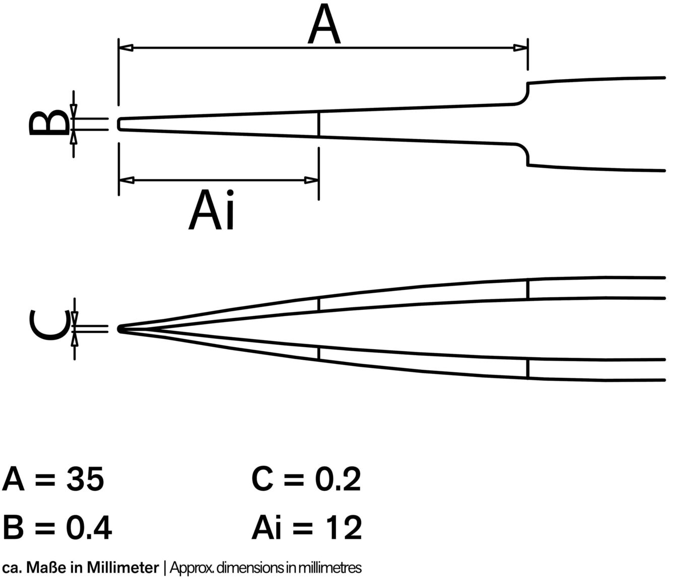 Das Bild zeigt eine technische Zeichnung mit Maßangaben für ein Werkzeug. Es sind verschiedene Längen angegeben: A=35 mm, B=0,4 mm, C=0,2 mm, Ai=12 mm. Es gibt klare Linien und Formen.