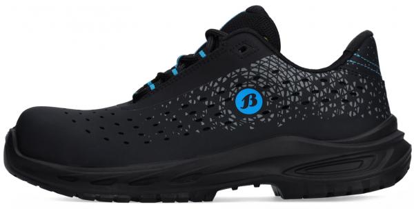 The image shows a black sneaker with blue accents. The shoe has a perforated surface and a simple, sporty shape. The sole is sturdy and slightly textured.