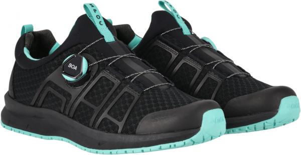 The image shows a pair of black sneakers with mint green accents. They feature a breathable upper and a combination of lacing system and a special twist lock.