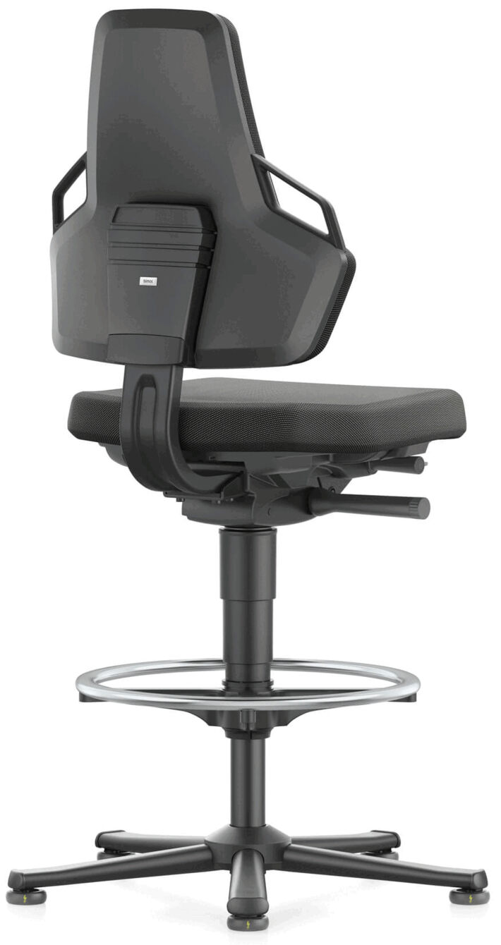 The image shows a swivel office chair in black. The chair has a high backrest, armrests, and an adjustable seat height. The base is stable and has five casters.