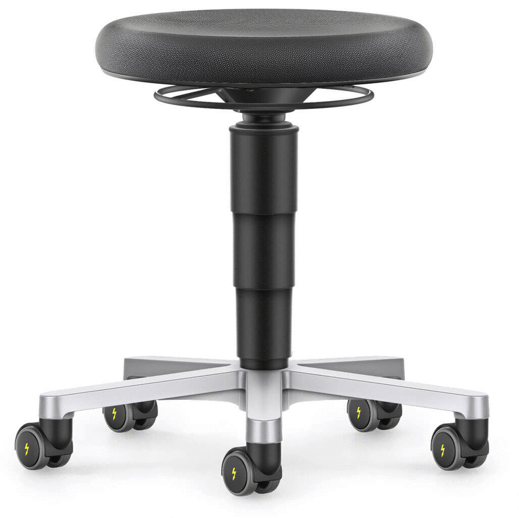 The stool has a round, black seat and an adjustable height. It stands on a stable base with five casters, which provide mobility. The casters have yellow details.