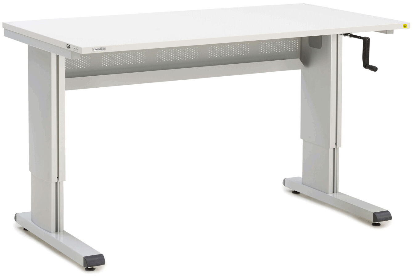 The image shows an adjustable-height desk. The tabletop is rectangular and white, and the frame is made of gray metal with a hand crank for height adjustment.