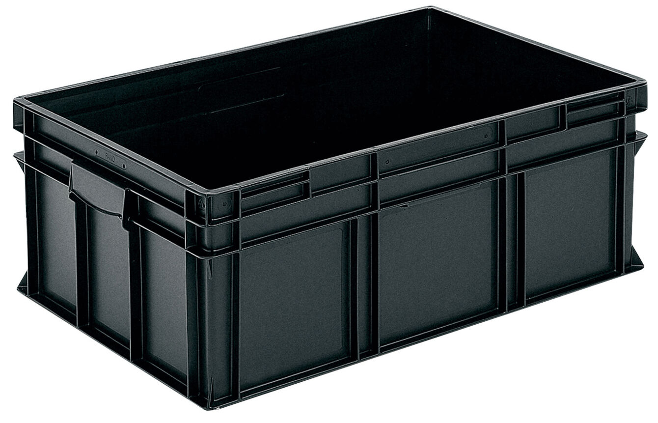 The image shows a rectangular, black plastic box without a lid. It has handles on the shorter sides and is sturdily built, ideal for storing items.