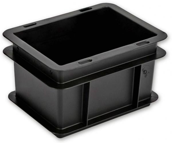 The image displays a rectangular, black plastic container with an open top. It has smooth walls and feet on the sides for stability.