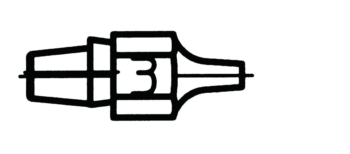 The image shows a stylized drawing of a pencil sharpener. It has a conical shape with an opening on the front and a central constriction that symbolizes the sharpening.