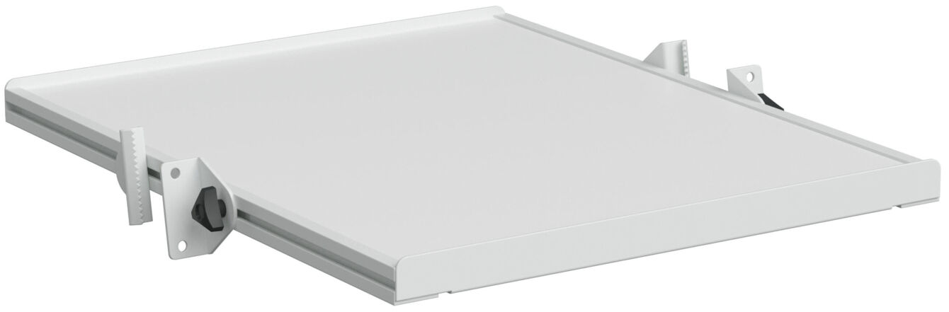 The image displays a flat, rectangular white shelf. Brackets visible on the sides are used for mounting. The surface is smooth and undecorated.