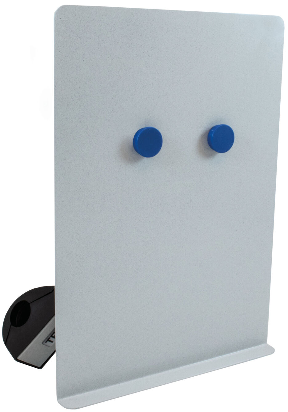 The image shows a white, smooth board with two blue magnets in the center. Below it, there is a black holder for stability. The board is upright and simply designed.