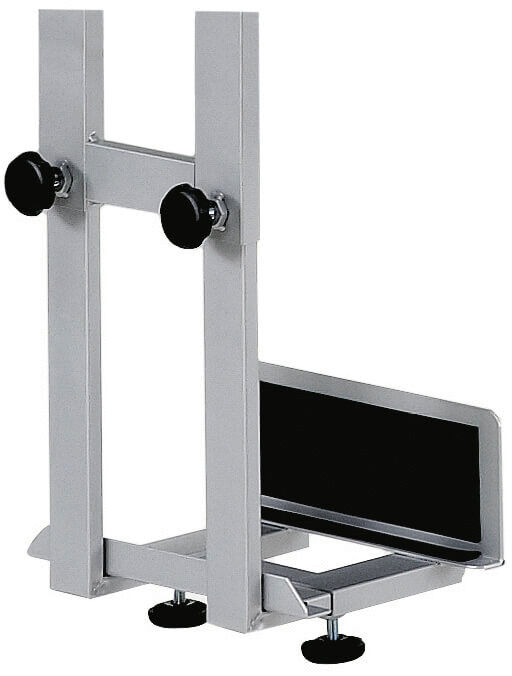 The image shows a metallic bracket with two vertical bars and adjustable screws on the sides. Below, a black, flat shelf is attached.