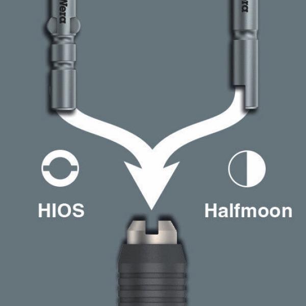 Das Bild zeigt eine schematische Darstellung zweier Steckertypen, HIOS und Halfmoon, die in eine gemeinsame Buchse münden. Die Verbindungslinien sind klar und veranschaulichen den Anschluss.