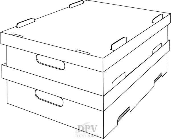 The image shows two stacked cardboard boxes. The top box has a flat top with flaps. Both boxes have side handle cutouts for easy carrying. They are simple and rectangular.