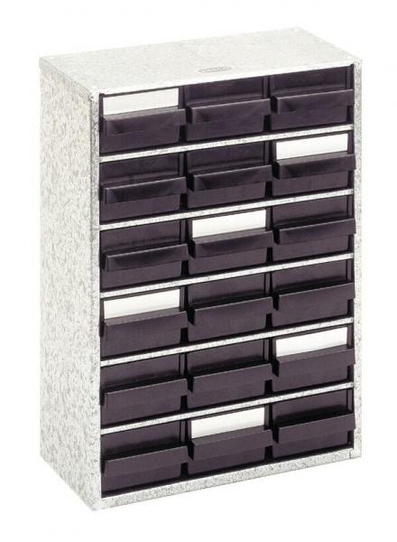 The image shows a storage cabinet with 20 small drawers. The cabinet has a light, patterned surface and the drawers are darker, likely black or dark gray.