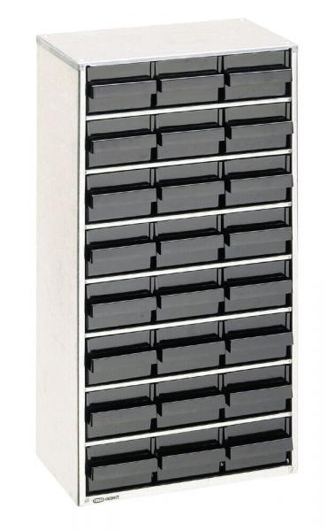 The image shows a vertical cabinet with 20 small, black drawers. The cabinet has a white structure and a smooth surface. Ideal for storing small items.