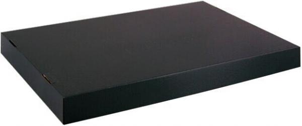 The image shows a flat, rectangular box in matte black. It has straight edges and a smooth surface. The box is overall inconspicuous and simply designed.