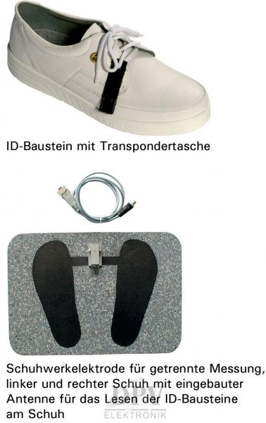 The image shows a white shoe with a transponder pocket, a cable, and a shoe electrode. This is used for separate measurement of left and right shoes.