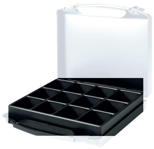 The image shows a black, rectangular box with 12 compartments. It has a transparent lid and a handle on one side, ideal for storing small items.