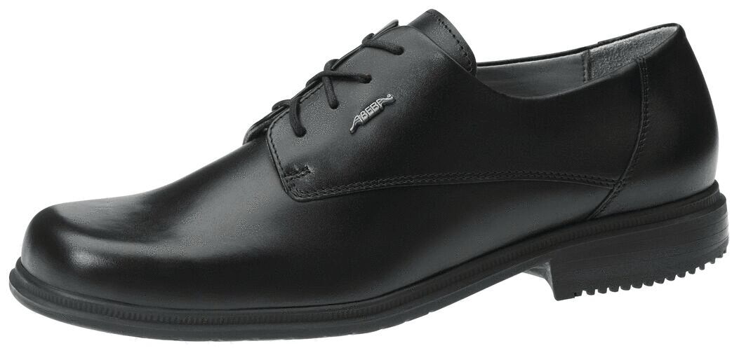 The shoe is an elegant, black dress shoe made of shiny leather. It features a round toe, laces, and a textured rubber sole for better grip. Ideal for formal occasions.