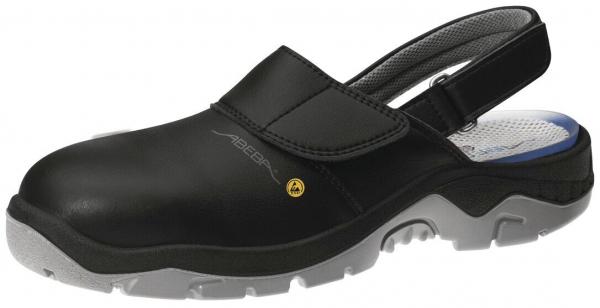 The shoe is a black clog with a low, closed front and an open heel area. The sole is non-slip and has a slight tread.