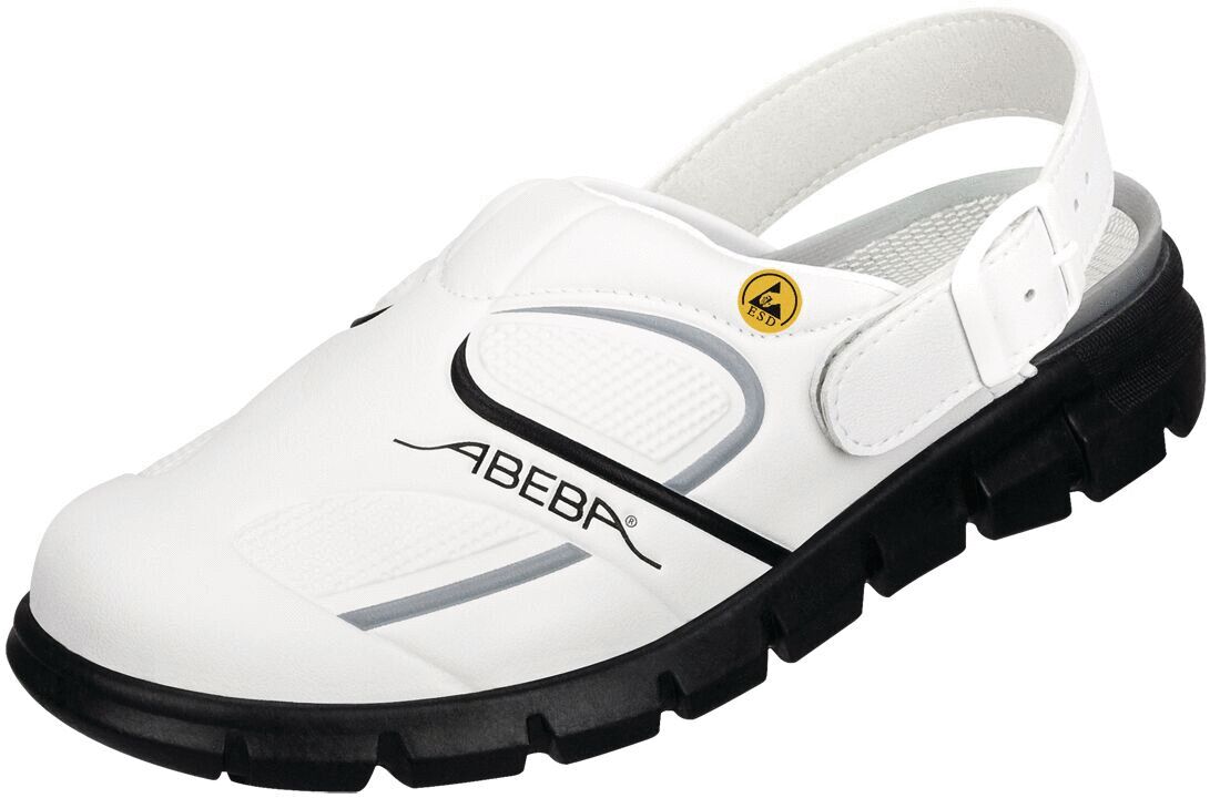 The shoe is a white clog with an elastic strap at the back. The sole is black and textured. On the top, there are subtle lines and the word "ABEBA."